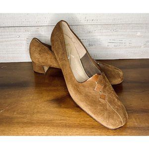 Women's Brown Heels Ramblers Suede Almond Toe 1" Tall Embroidered Size 9.5